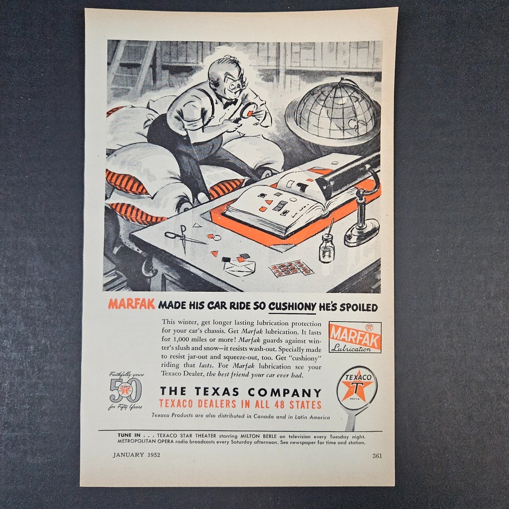 1952 Texas Company Texaco Marfak Lubrication Chassis Lube Vintage Print Ad Shop
